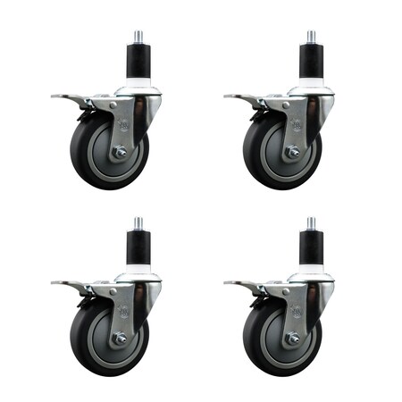 Service Caster 4'' Thermoplastic Rubber Swivel 1-1/2'' Expanding Stem Caster Set Total Lock Brake, 4PK SCC-EXTTL20S414-TPRB-112-4
